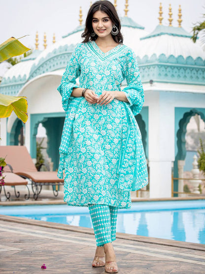 Indyancart VA Women'sEthnic Motifs Printed Regular Mirror Work Kurta with Trouser & Dupatta