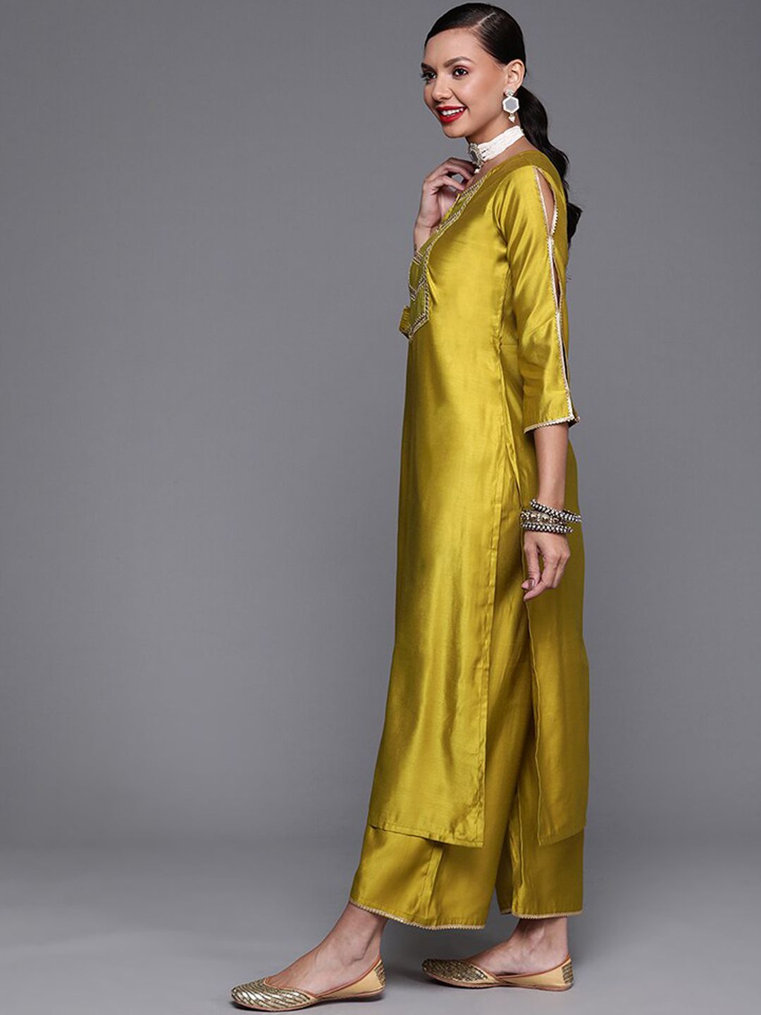 Indyancart IE Mustard Yellow & Maroon Yoke Design Liva Kurta with Trousers & Dupatta
