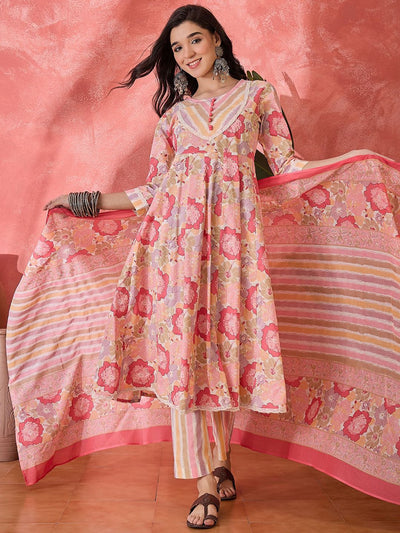 Indyancart SN Women's Floral Printed Pure Cotton Round Neck Kurta Trouser With Dupatta Set