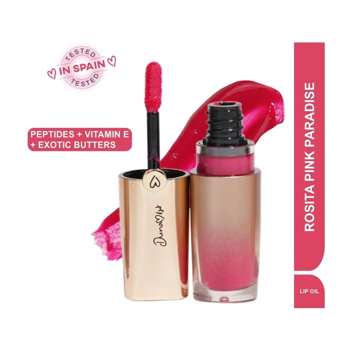 Dunamiss Lip Glow Oil in Rosita by Dunamiss Cosmetics, showing a sleek tube of lip gloss with a shiny finish and pink hue.