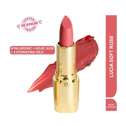 Dunamiss Satin Luxe Lipstick in Lucia shade, sleek gold packaging, open to reveal rich, smooth lipstick in a luxurious finish.