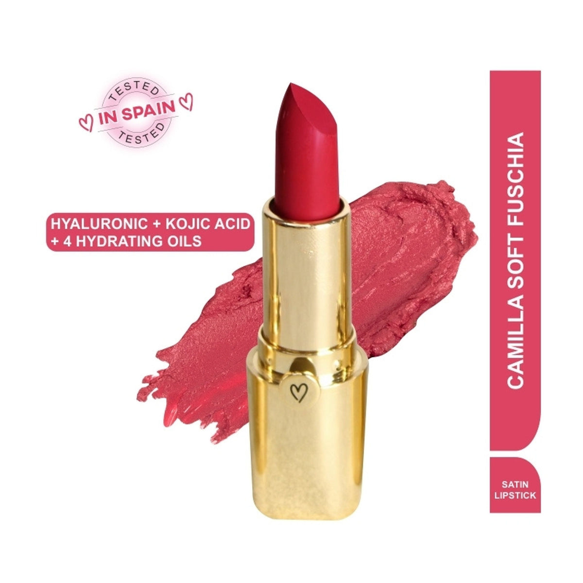 Dunamiss Satin Luxe Lipstick in Camilla shade from Dunamiss Cosmetics, featuring a sleek satin finish and elegant packaging.