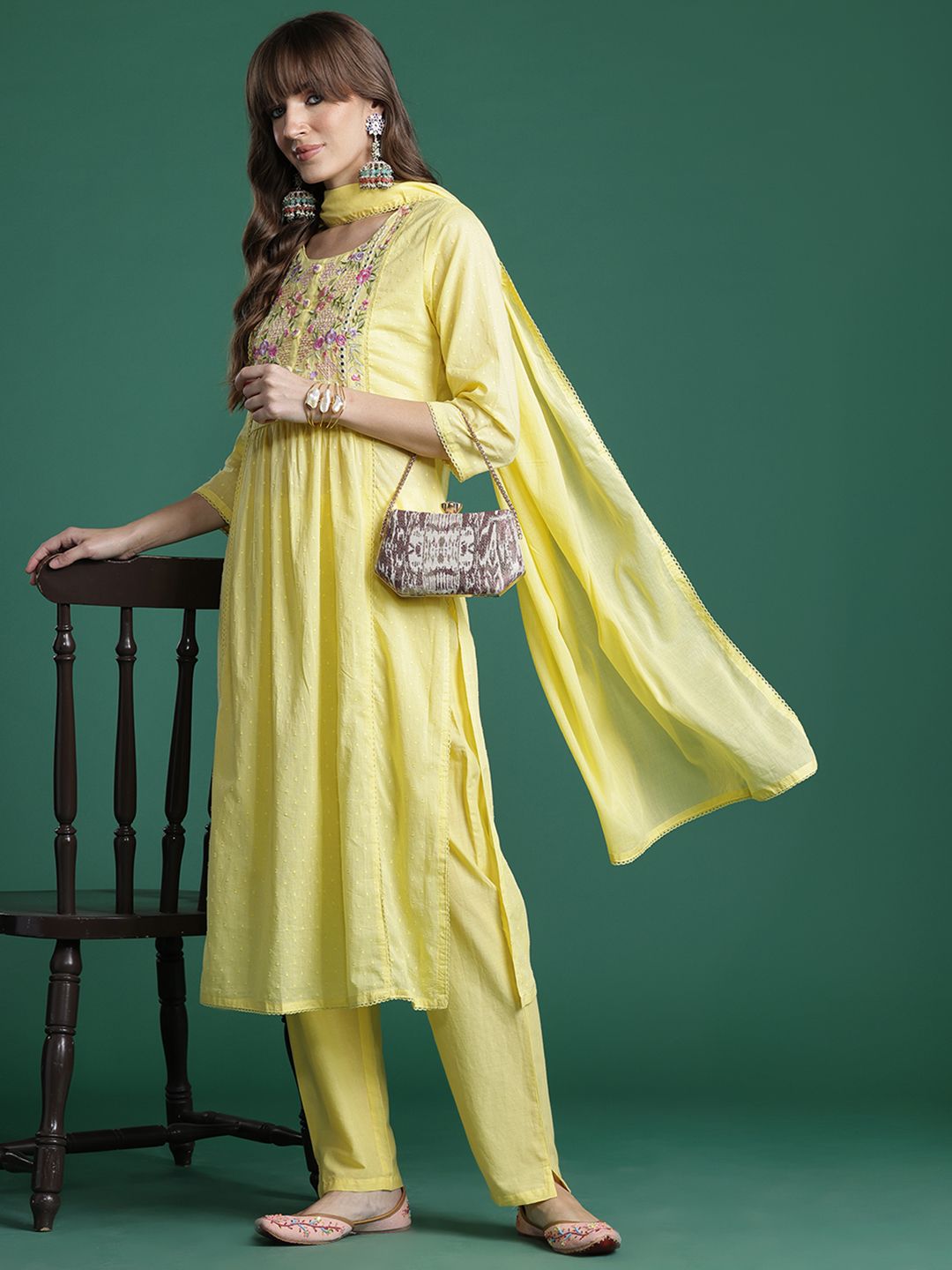 Floral Embroidered Kurta with Trousers & Dupatta