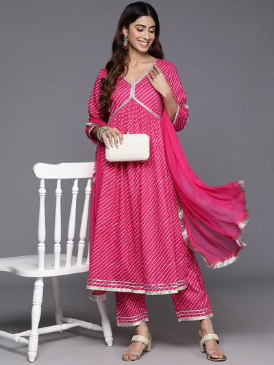 Indyancart VA Women's Leheriya Printed Empire Gotta Patti Pure Cotton Kurta with Trousers & With Dupatta