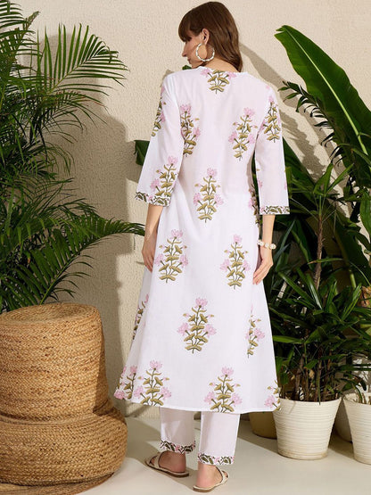 Women Floral Printed Pure Cotton A-Line Kurta with Trousers
