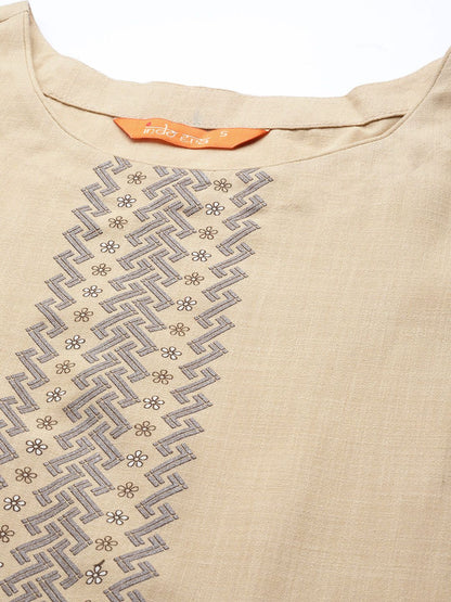 Indyancart IE Women Beige & Grey Ethnic Motifs Foil Print Straight Kurta