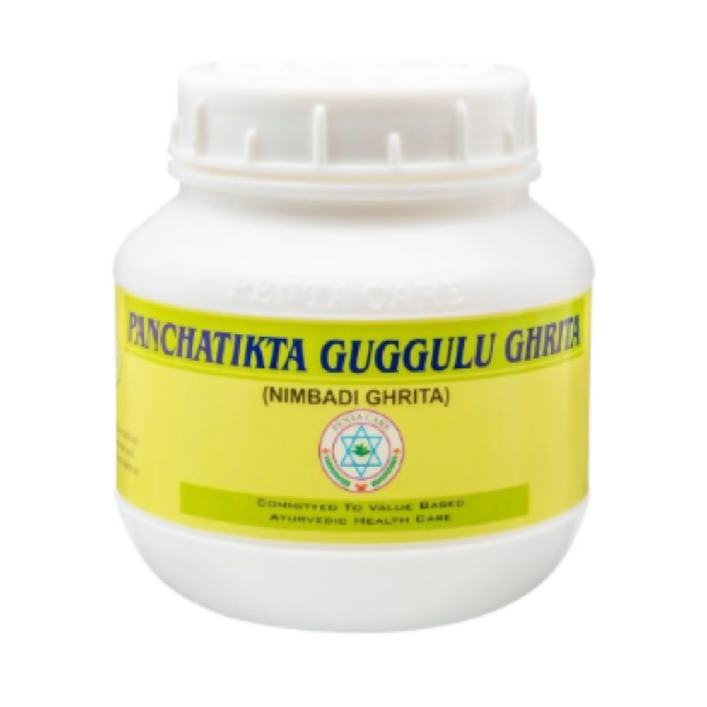 Bottle of Pentacare Ayurveda Panchatikta Guggulu Ghrita, an Ayurvedic herbal ghee supplement with traditional healing ingredients.