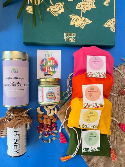 Shuddh Natural Ubtan Based Herbal Gulal, Ayurvedic Thandai Powder, Kashmiri Kahwa, Natural Honey | Holi Gift Hamper