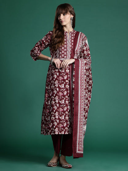Dhiyona IE Floral Printed Pure Cotton Kurta With Trousers & Dupatta