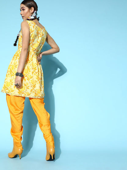 Dhiyona IE Women Yellow Floral Printed Kurta with Dhoti Pants