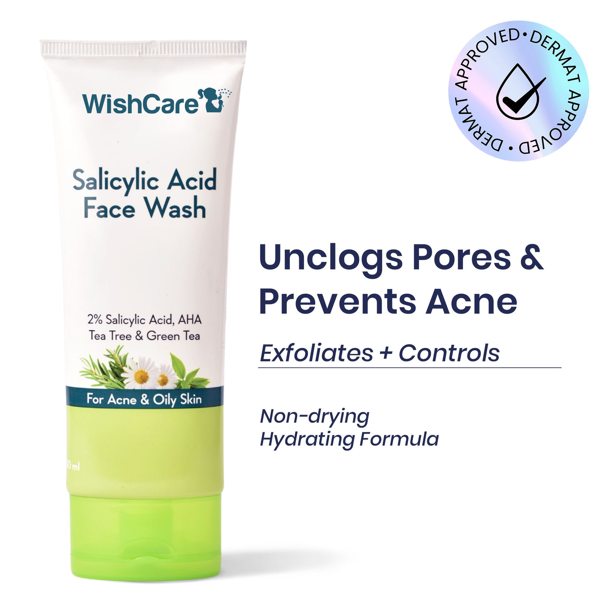 WishCare 2% Salicylic Acid Face Wash with AHA, Greentea & Tea Tree -Oil Control-Reduces Sebum & Acne