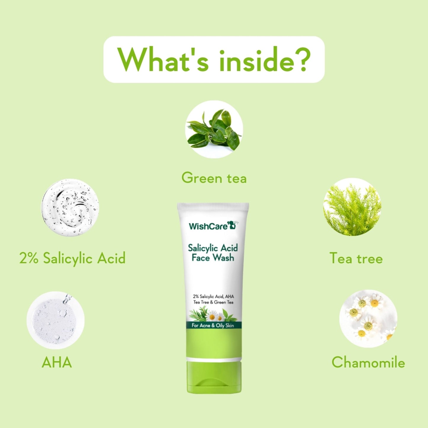 WishCare 2% Salicylic Acid Face Wash with AHA, Greentea & Tea Tree -Oil Control-Reduces Sebum & Acne
