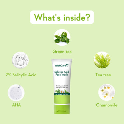 WishCare 2% Salicylic Acid Face Wash with AHA, Greentea & Tea Tree -Oil Control-Reduces Sebum & Acne
