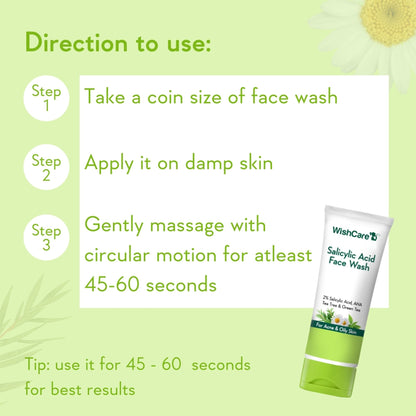 WishCare 2% Salicylic Acid Face Wash with AHA, Greentea & Tea Tree -Oil Control-Reduces Sebum & Acne