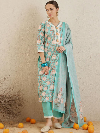 Dhiyona IE Floral Printed Mirror Work Pure Cotton Straight Kurta with Trousers & Dupatta