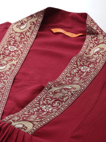 Indyancart IE Ethnic Motifs Zari Pleated Kurta with Trousers