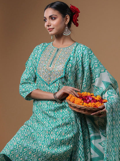 Indyancart IE Geometric Printed Sequined Pure Cotton Straight Kurta With Trouser & Dupatta