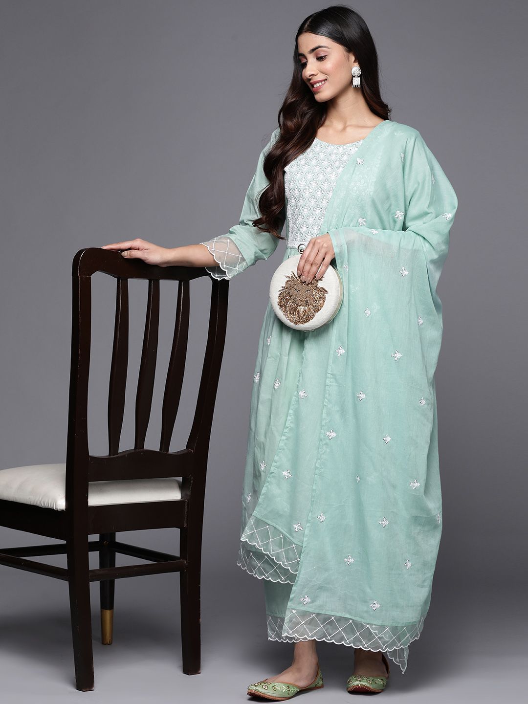 Indyancart VA Women's Floral Embroidered Sequinned Pure Cotton Kurta Set