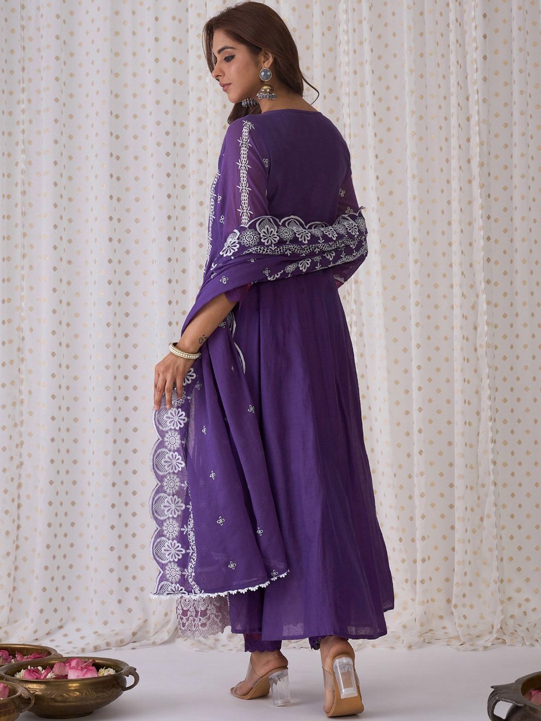 Ethnic Motifs Embroidered V-Neck Pure Cotton Kurta with Trousers & Dupatta