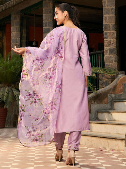 Indyancart IE V Neck Ethnic Motifs Embroidered Regular Kurta with Trouser & Dupatta