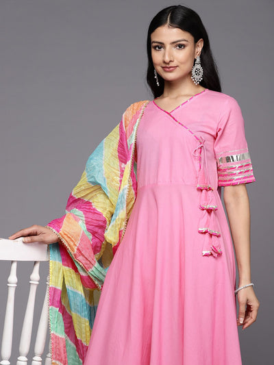 Indyancart VA Women'sAngrakha Gotta Patti Pure Cotton Kurta With Trousers & With Dupatta