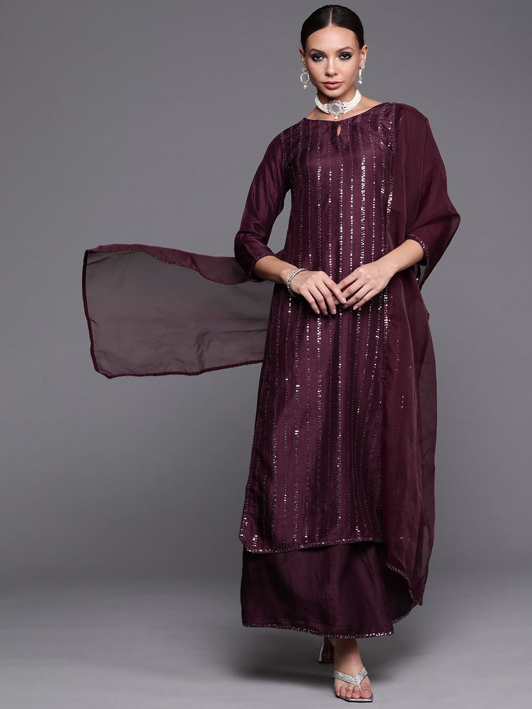 Indyancart IE Women Purple Sequinned Kurta with Palazzos & With Dupatta
