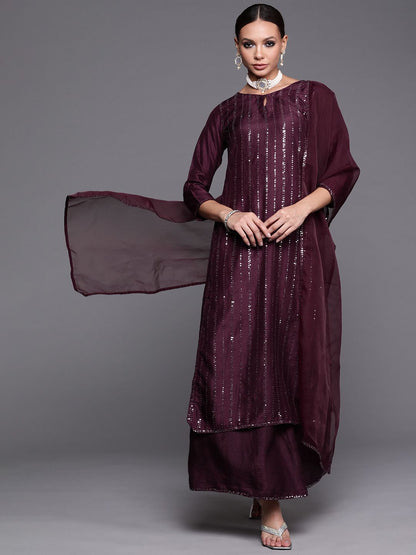 Indyancart IE Women Purple Sequinned Kurta with Palazzos & With Dupatta