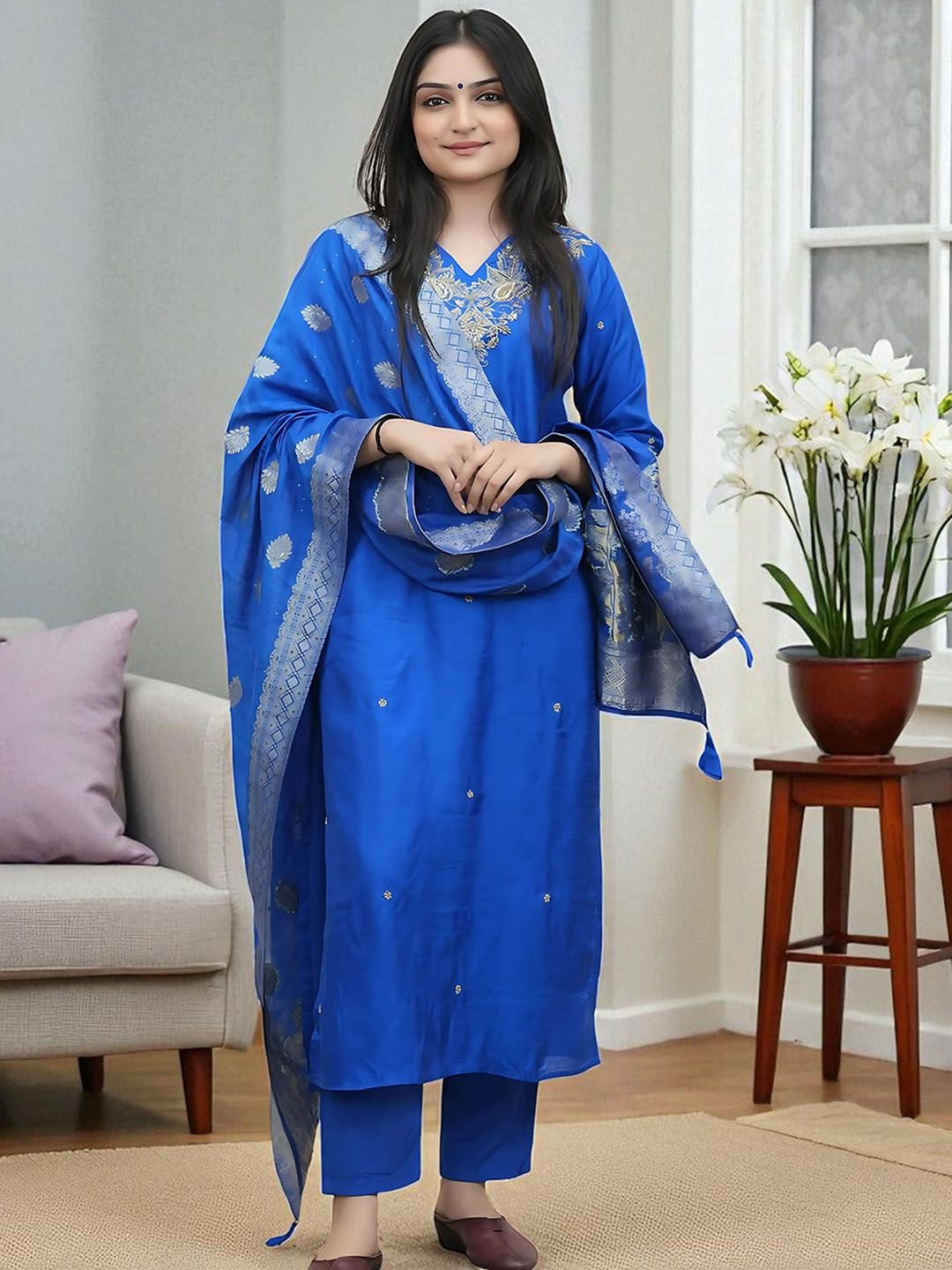 Indyancart SN Women's Floral Embroidered Thread Work V-Neck Straight Kurta With Trouser And Dupatta