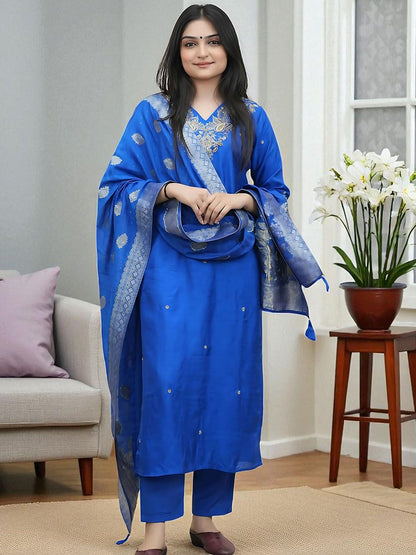 Indyancart SN Women's Floral Embroidered Thread Work V-Neck Straight Kurta With Trouser And Dupatta