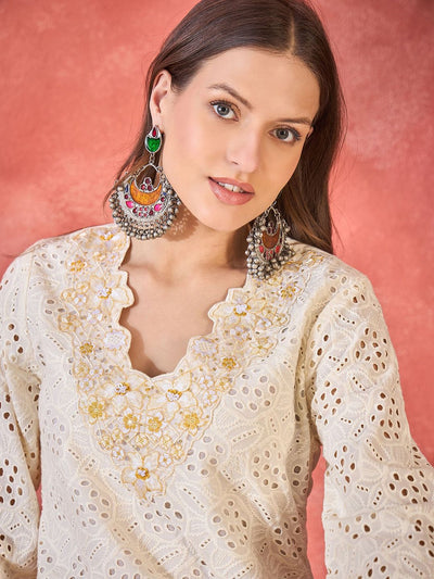 Indyancart SN Women's Floral Schiffli Embroidered Thread Work Pure Cotton Straight Kurta & Trouser