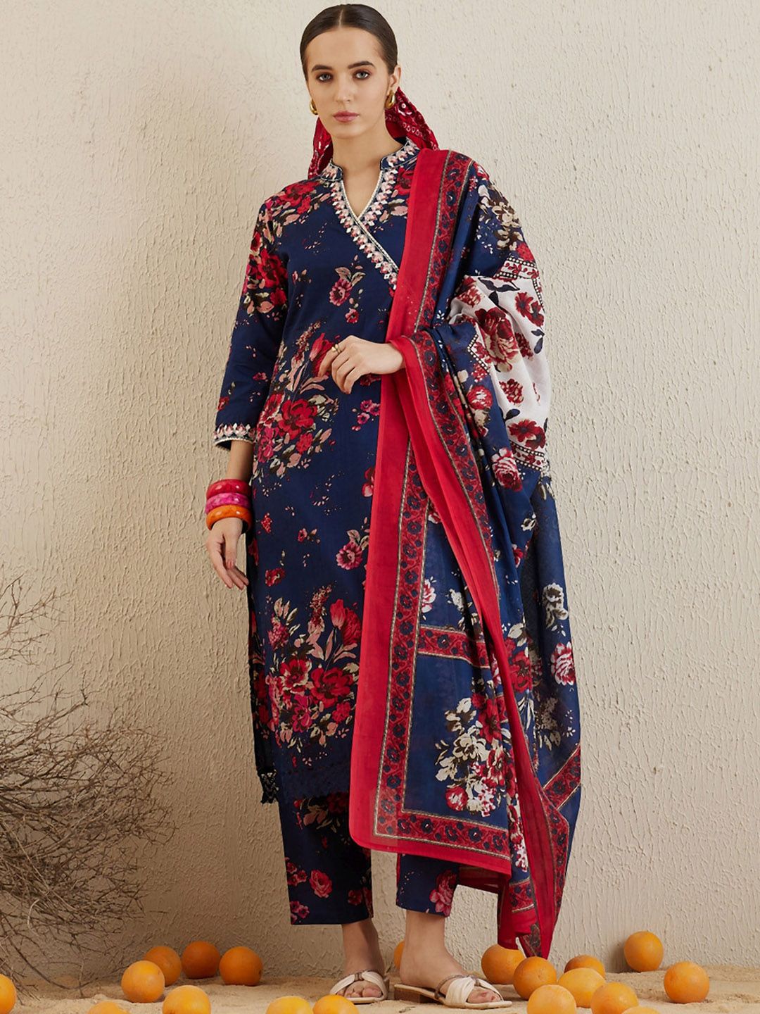 Indyancart IE Plus Size Floral Printed Angrakha Pure Cotton Kurta Trousers & Dupatta