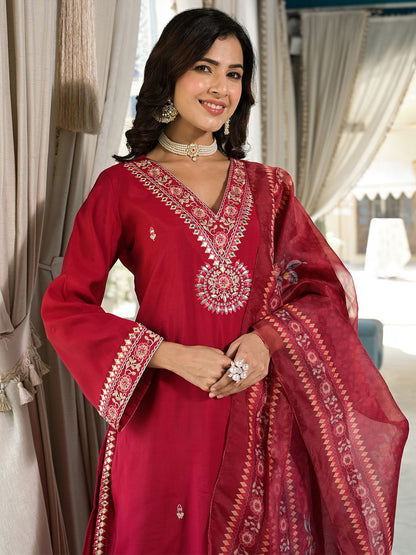 Indyancart VA Ethnic Motifs Zari Embroidered Mirror Work Straight Kurta With Trousers & Dupatta