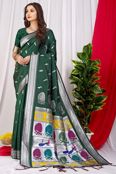 Indyancart GR Women's Chandramukhi Bottle Green Zari Paithani Silk Saree