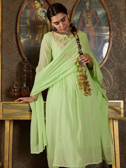 Indyancart IE Floral Embroidered Empire Thread Work Pure Cotton Kurta With Trousers & Dupatta