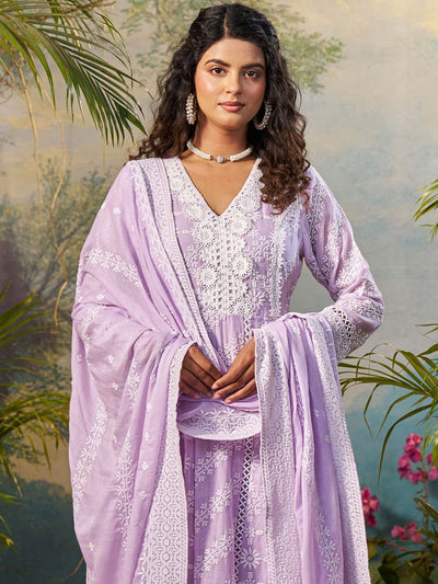 Indyancart IE Floral Embroidered V Neck Anarkali Pure Cotton Kurta With Trousers & Dupatta