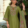 Indyancart IE Floral Embroidered Tieup Neck Liva A-Line Kurta With Trousers & Dupatta