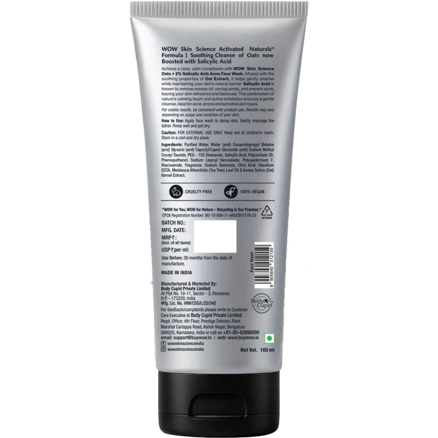 WOW Skin Science Men Oats + 2% Salicylic Anti-Acne Face Wash