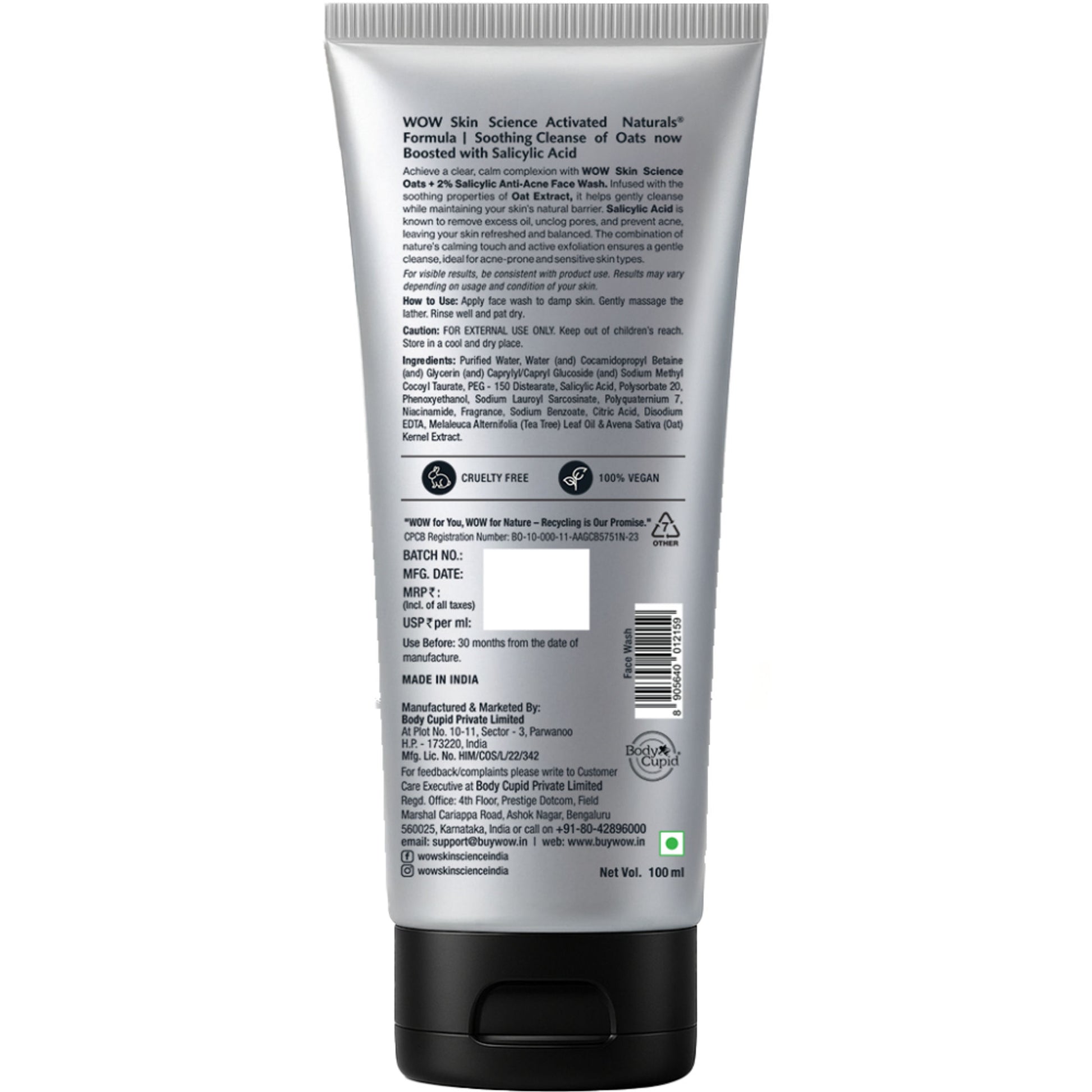 WOW Skin Science Men Oats + 2% Salicylic Anti-Acne Face Wash