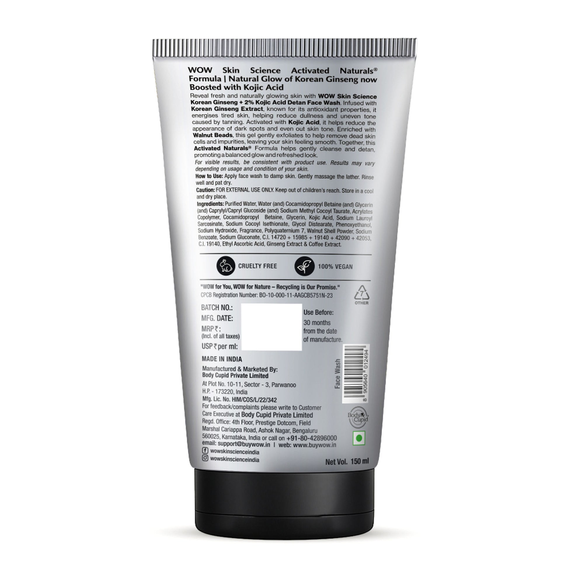 WOW Skin Science Men Korean Ginseng + Kojic Acid Detan Face Wash Gel