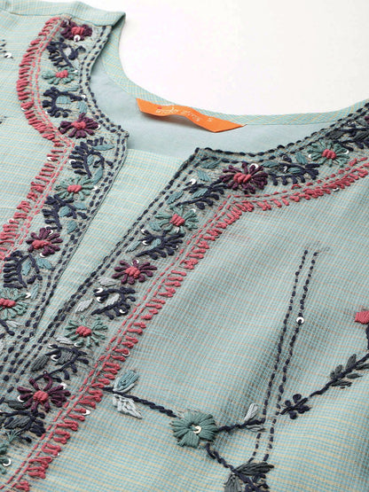 Indyancart IE Floral Embroidered Thread Work Pure Cotton Kurta with Trousers & With Dupatta