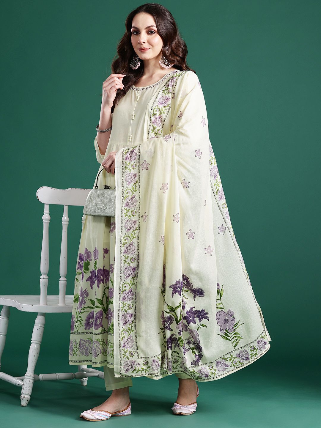 Floral Printed Beads & Stones Pure Cotton Kurta With Trousers & Dupatta