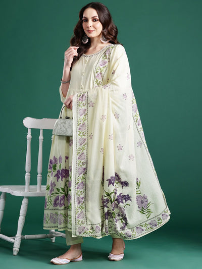Indyancart IE Floral Printed Beads & Stones Pure Cotton Kurta With Trousers & Dupatta