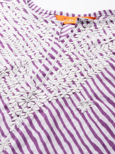 Indyancart IE Leheriya Printed Thread Work Pure Cotton Kurta With Trousers & Dupatta