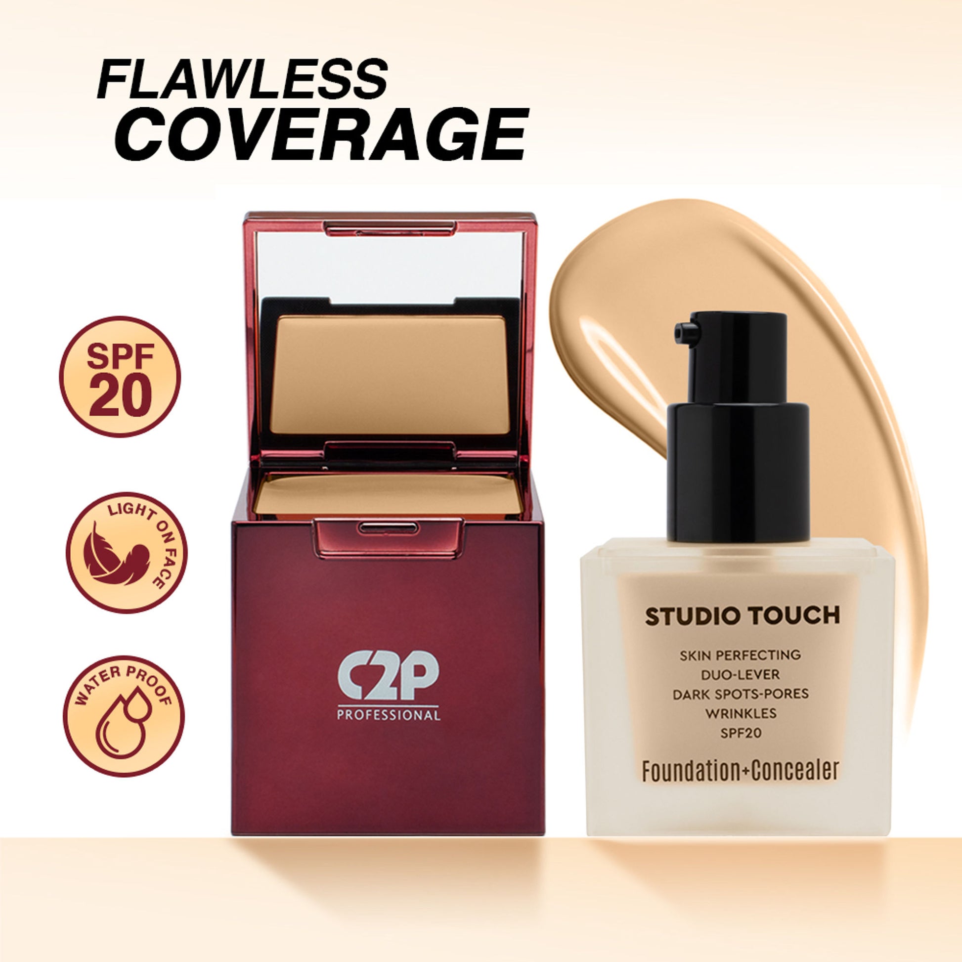 C2P Pro Studio Foundation & Concealer Duo | Full Coverage, Long Wear Matte - 01 Ivory