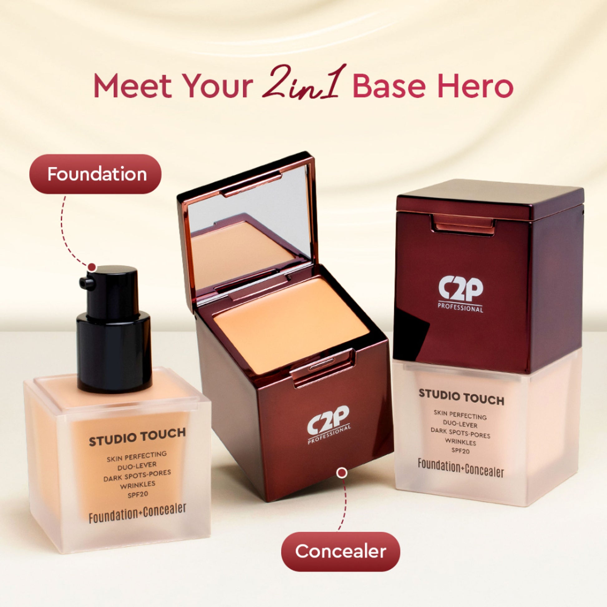 C2P Pro Studio Foundation & Concealer Duo | Full Coverage, Long Wear Matte - 01 Ivory