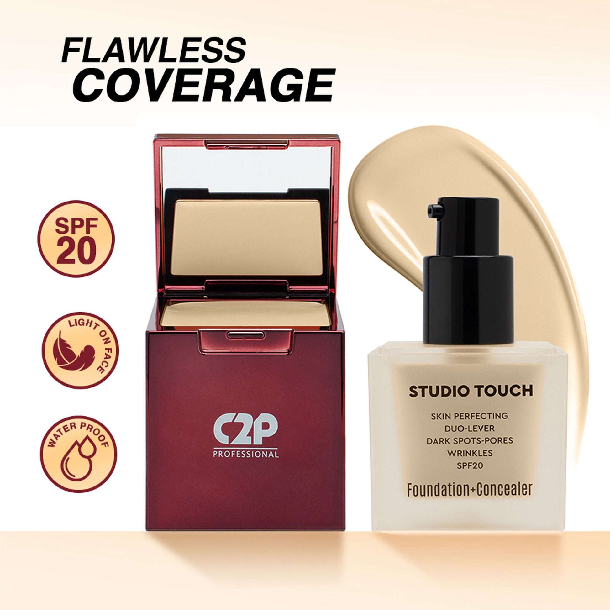 C2P Pro Studio Foundation & Concealer Duo | Full Coverage, Long Wear Matte - 02 Soft Ivory