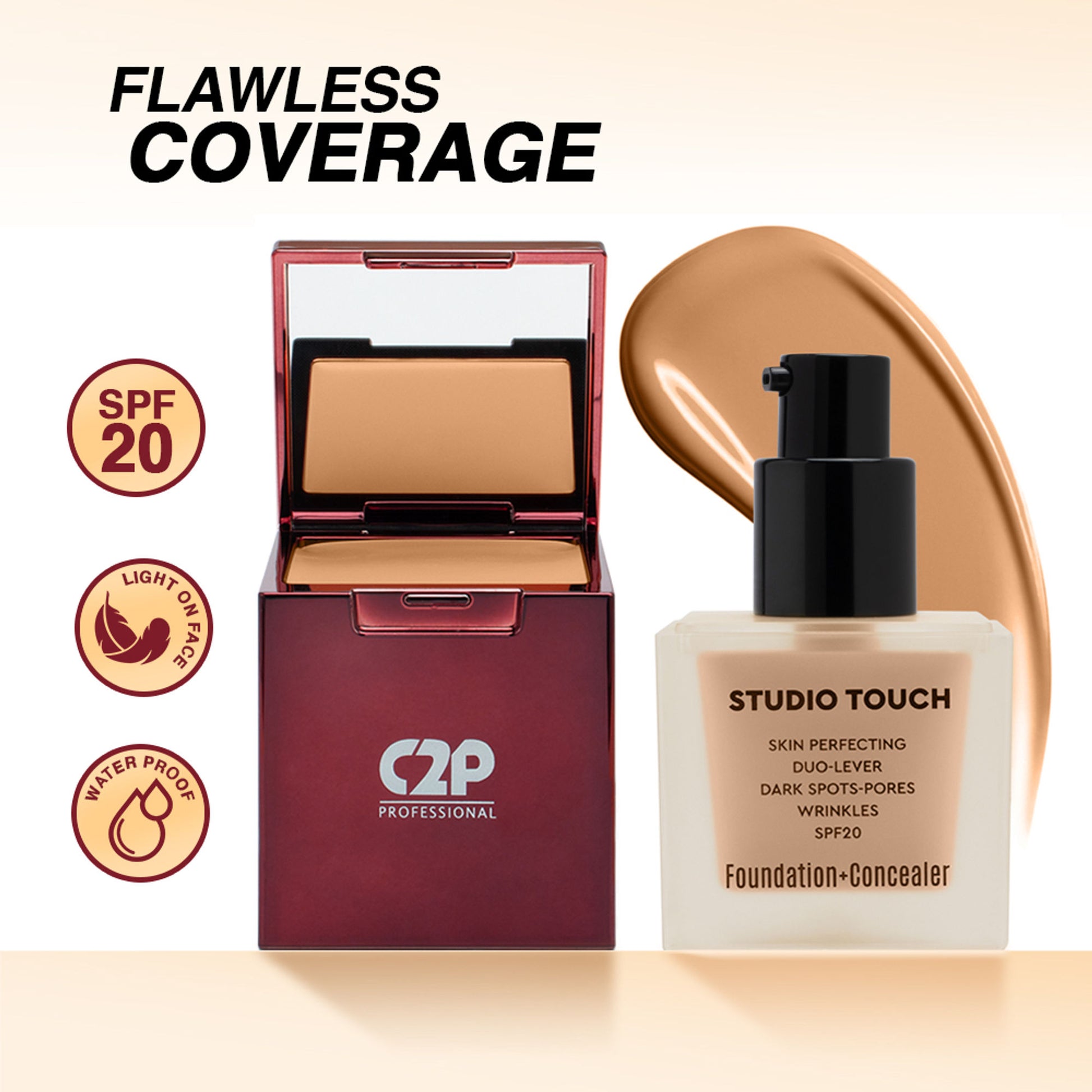 C2P Pro Studio Foundation & Concealer Duo | Full Coverage, Long Wear Matte - 08 Deep Mocha