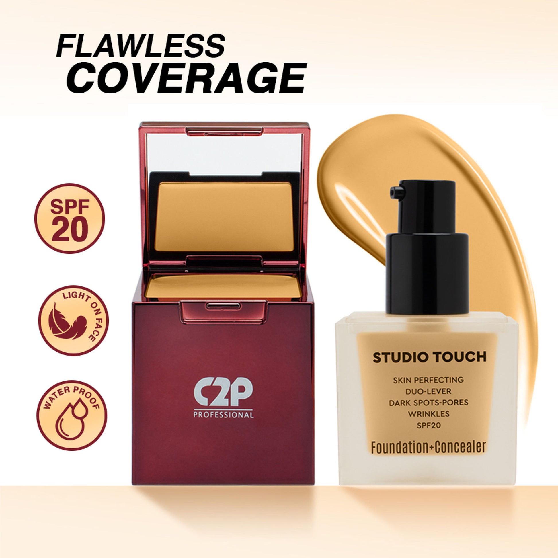 C2P Pro Studio Foundation & Concealer Duo | Full Coverage, Long Wear Matte - 09 Rich Mocha