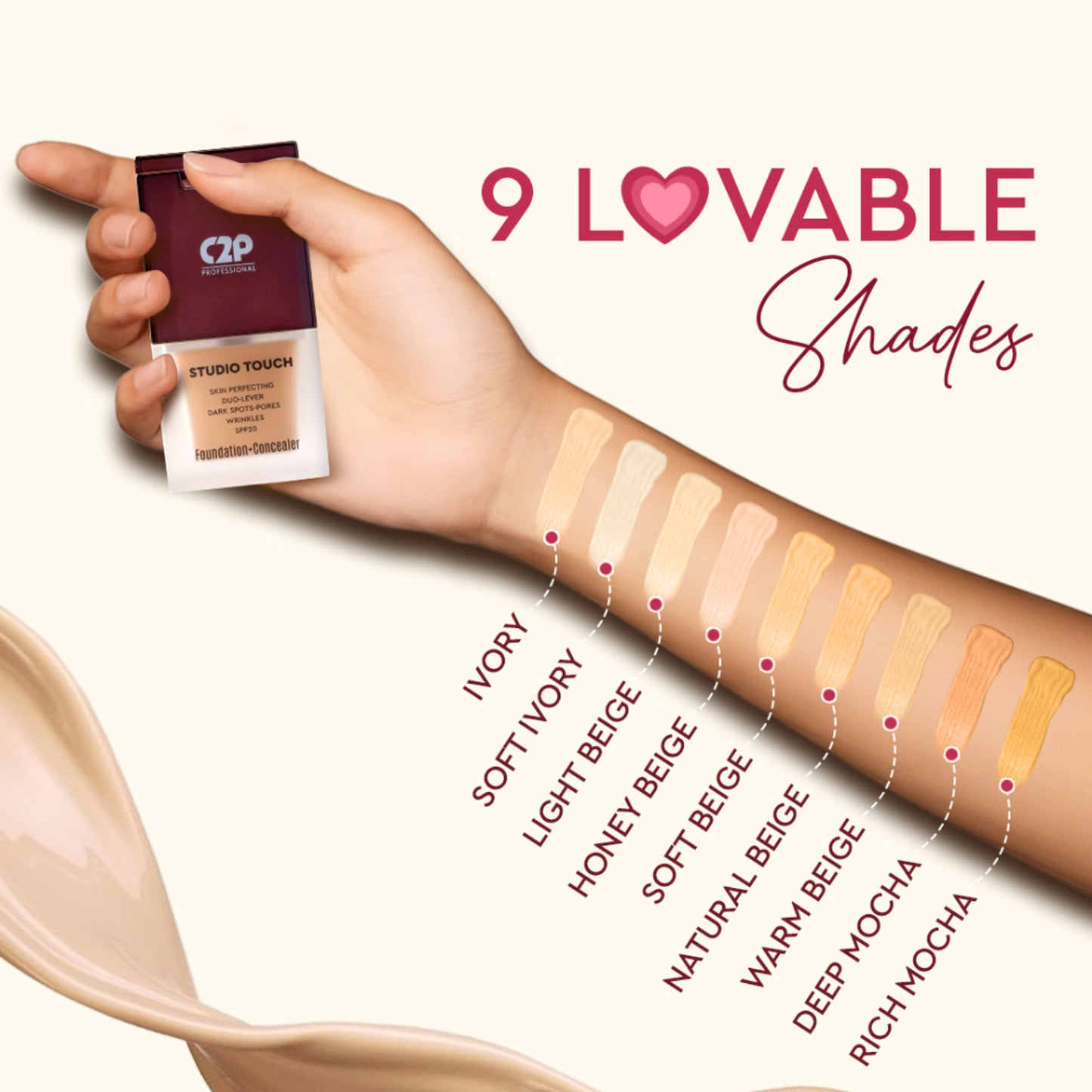 C2P Pro Studio Foundation & Concealer Duo | Full Coverage, Long Wear Matte - 09 Rich Mocha