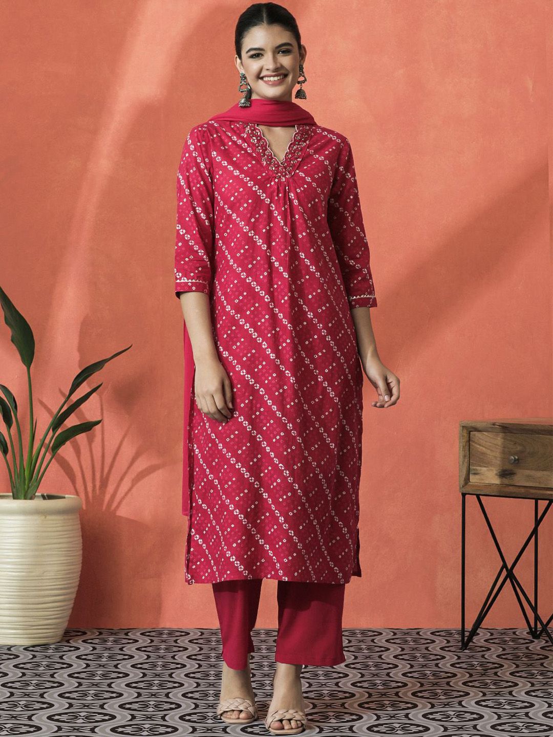 Indyancart SN Women's Bandhani Printed V-Neck Pleated Pure Cotton Straight Kurta With Trouser & Dupatta